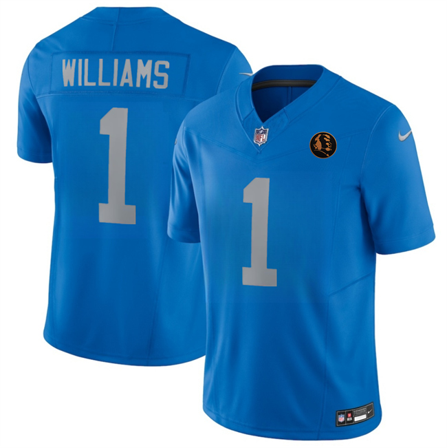 Men's Blue Detroit Lions #1 Jameson Williams 2025 F.U.S.E.With John Madden Patch Vapor Limited Stitched Jersey